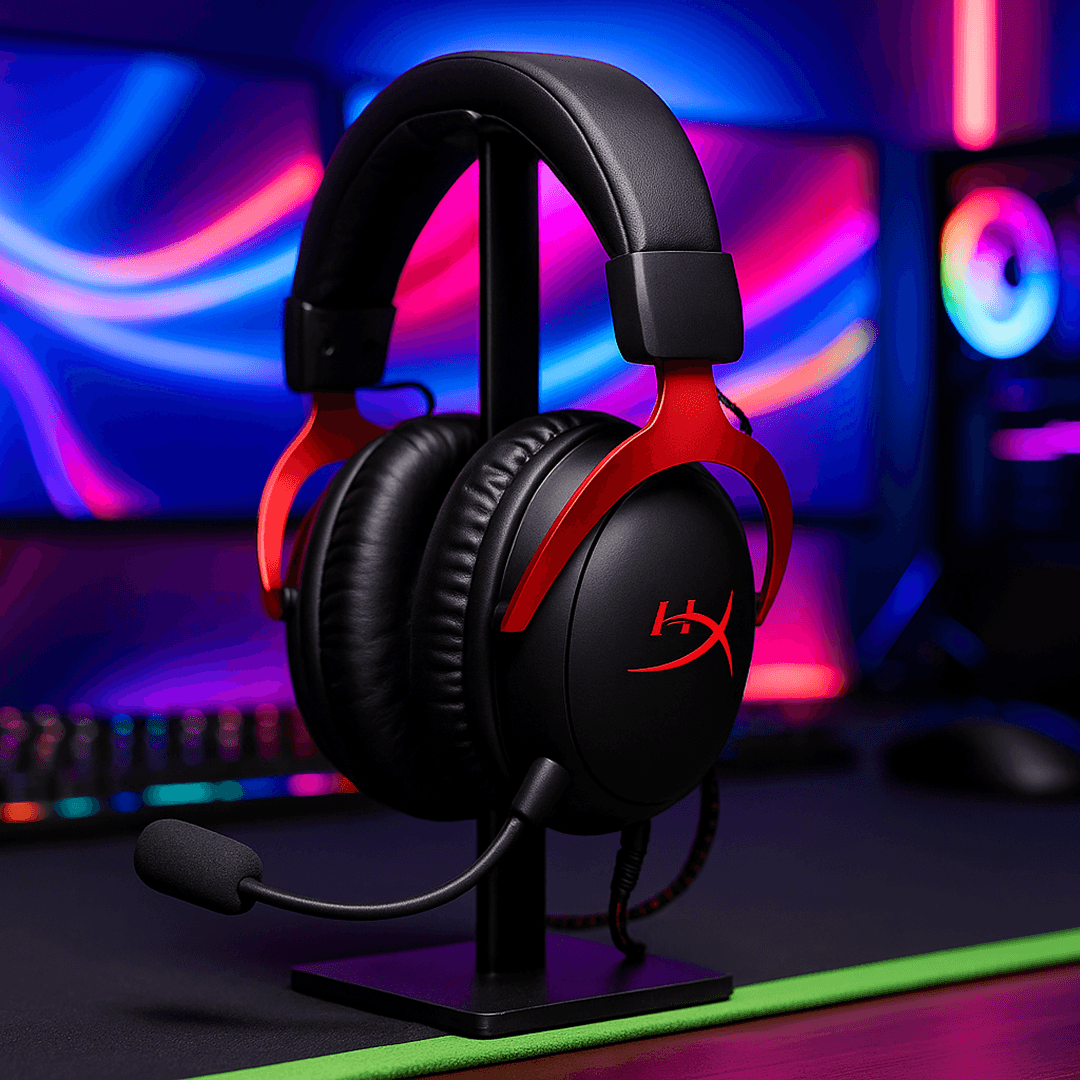 HyperX Cloud III Wired Gaming Headset in front of gaming set up