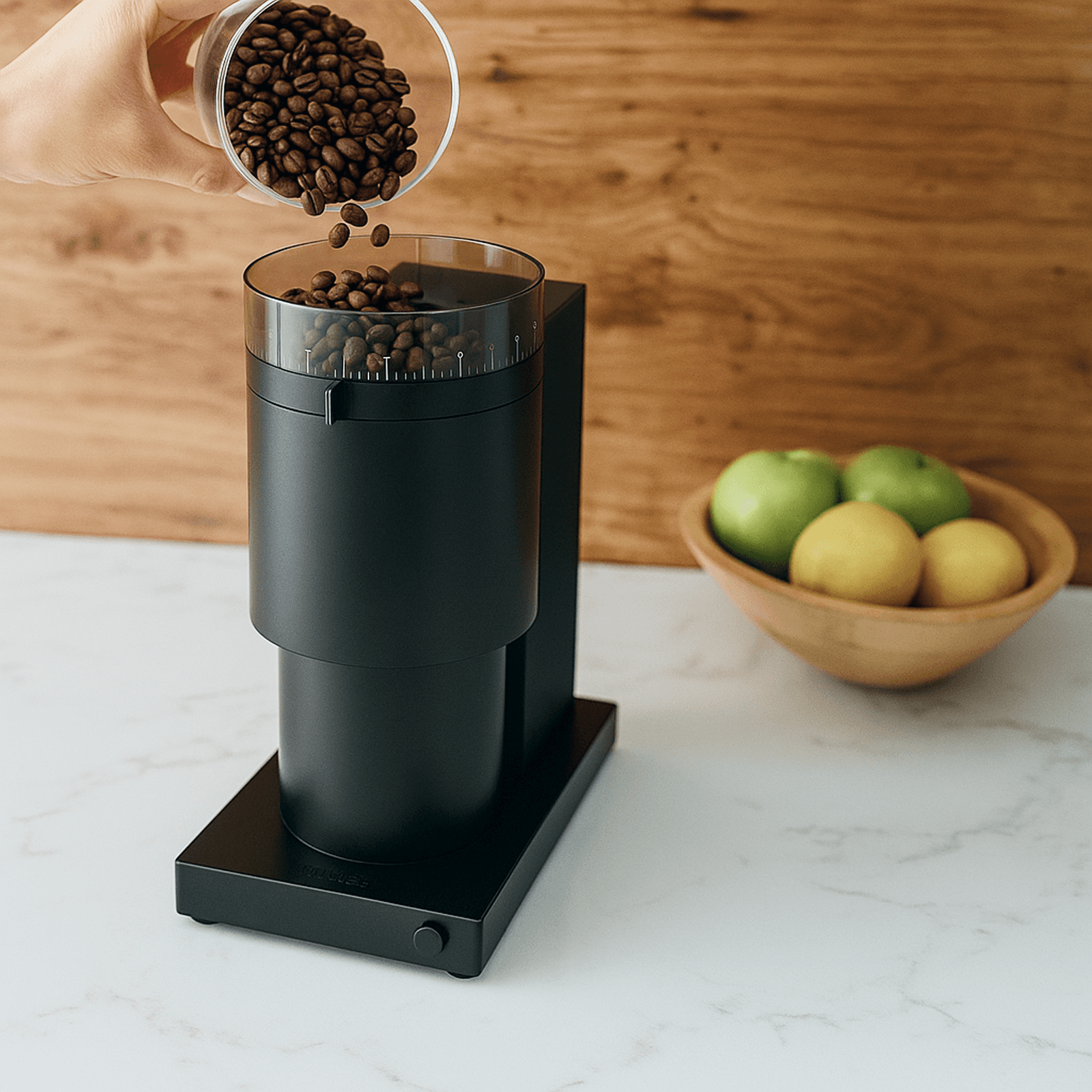 Fellow Opus Grinder lifestyle view with beans
