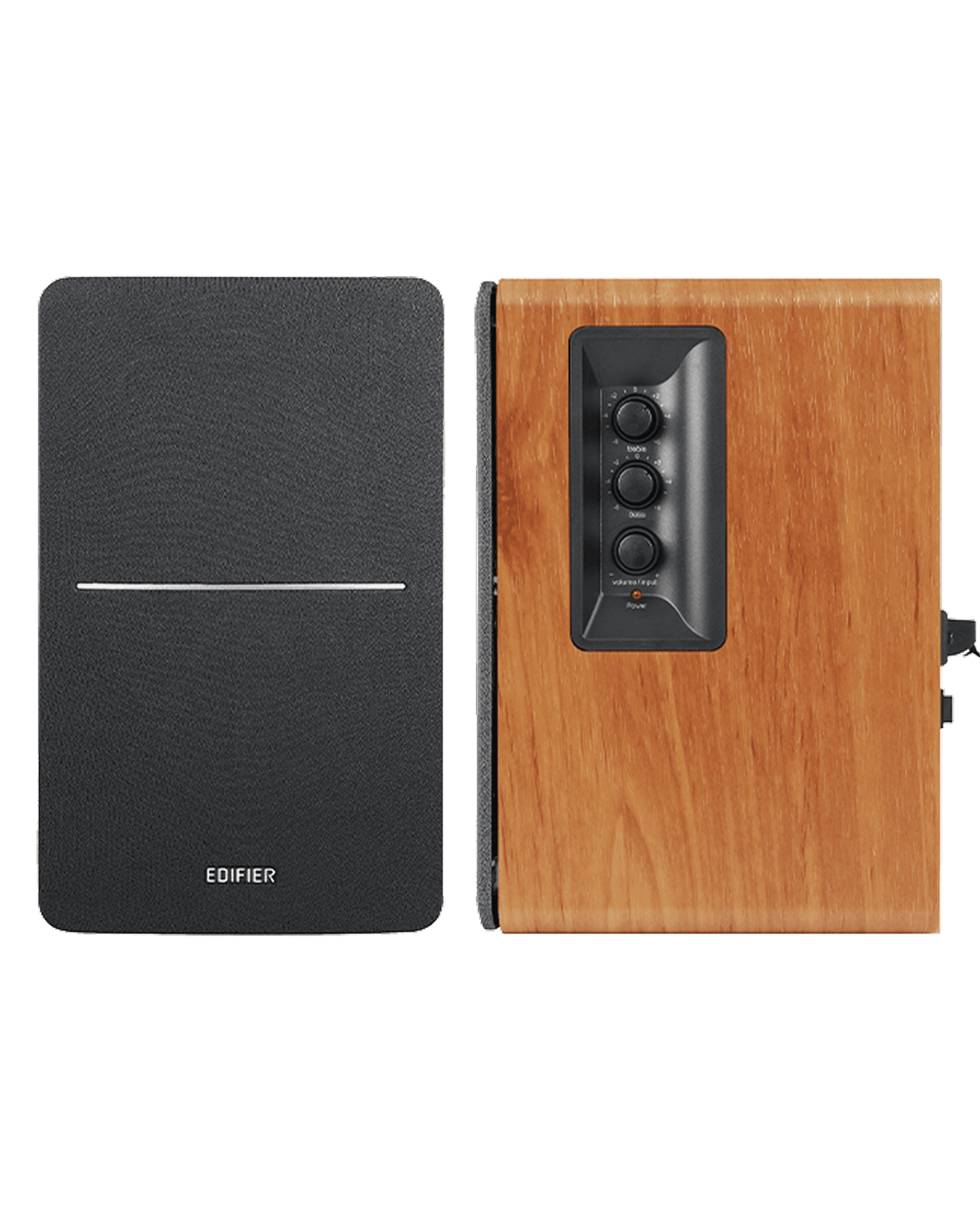 Edifier R1280DB wood-grain cabinet close-up