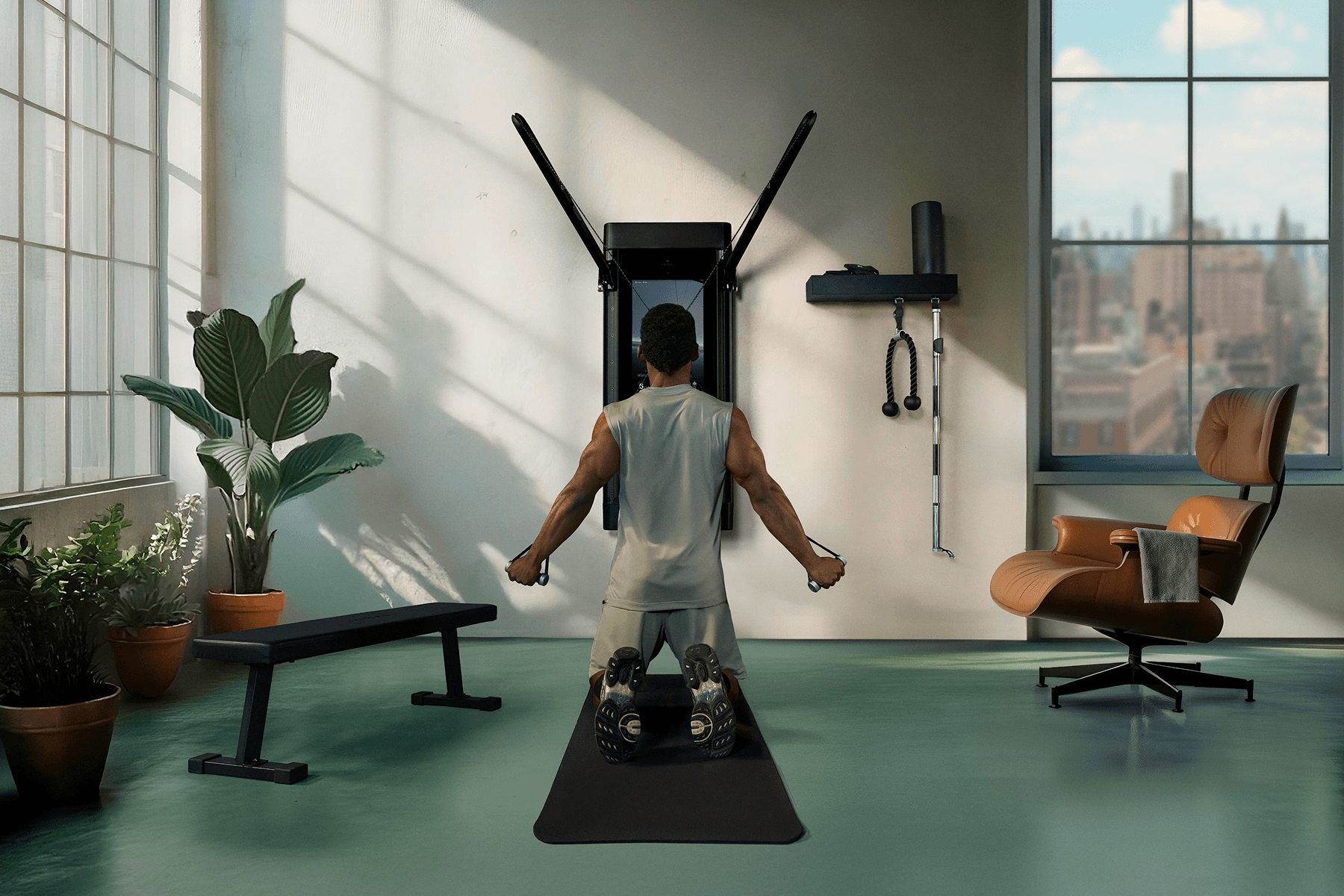 A person working out with a wall-mounted Tonal gym