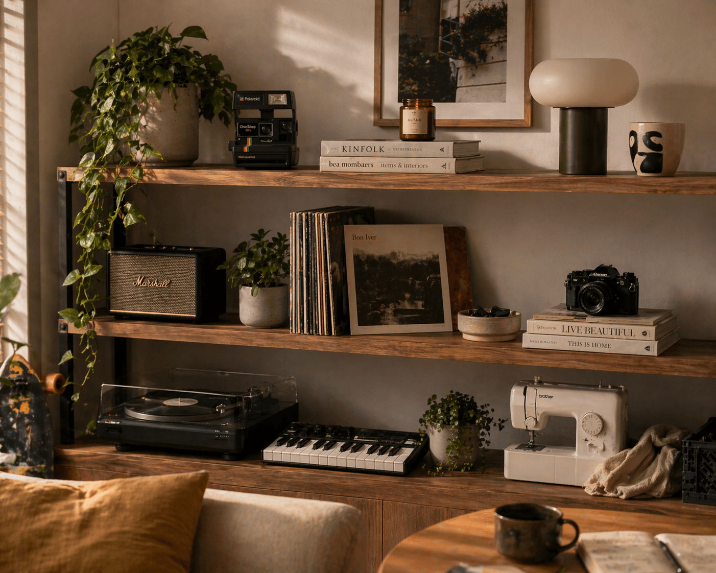 Styled living room shelves with books, plants, a speaker, and a keyboard